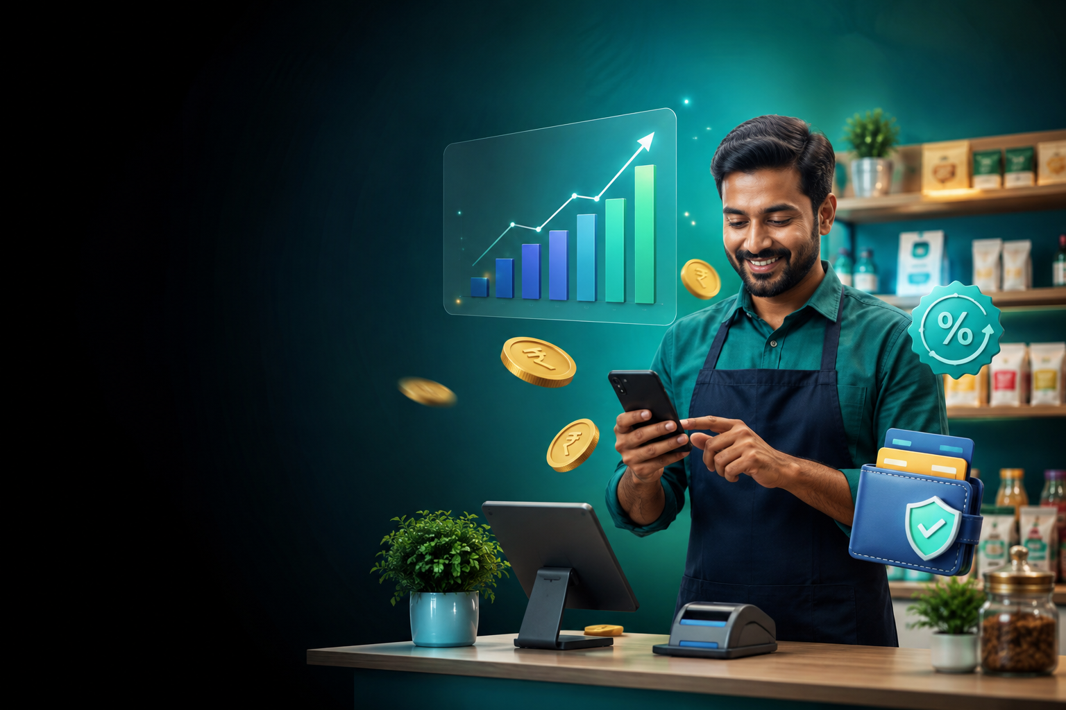 Shop owner growing income with digital banking